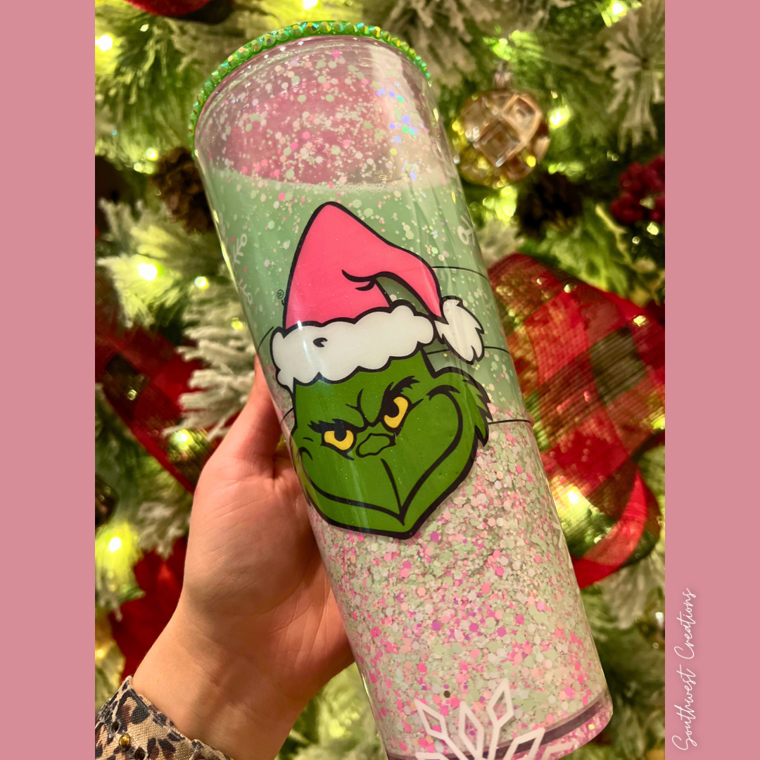 Pink Grinchmas Snow Globe Acrylic Tumber