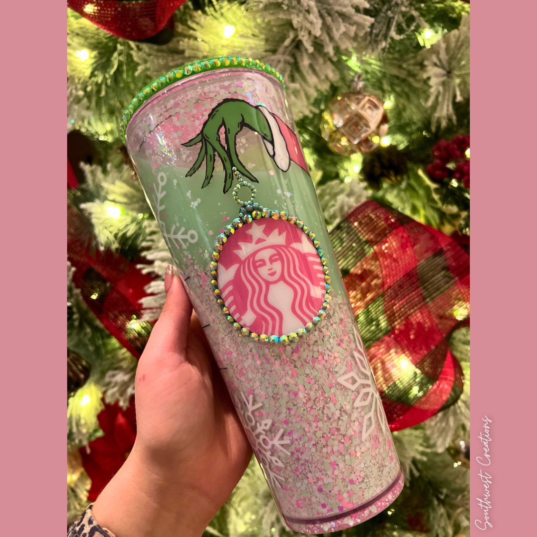 Pink Grinchmas Snow Globe Acrylic Tumber