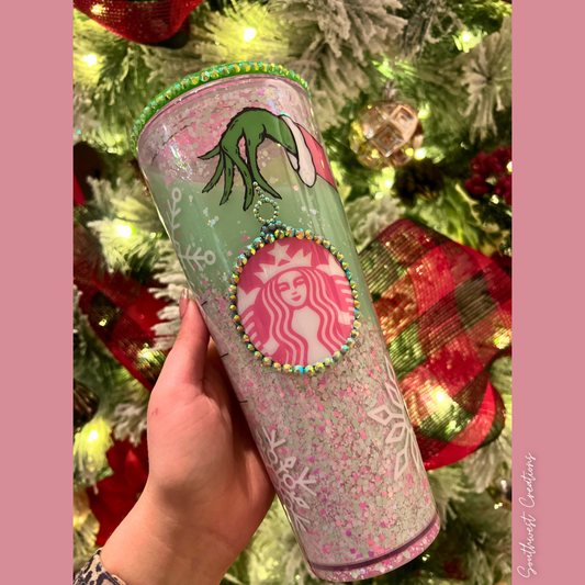 Pink Grinchmas Snow Globe Acrylic Tumber