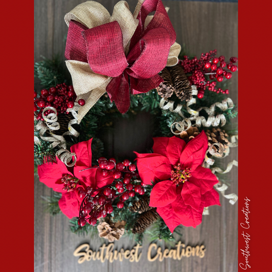 Poinsette and Pine Berries Wreath